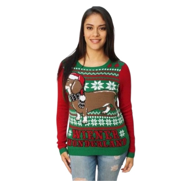 UGLY CHRISTMAS SWEATER Dachshund Thru the Snow Wiener Wonderland Size Large - Picture 1 of 7